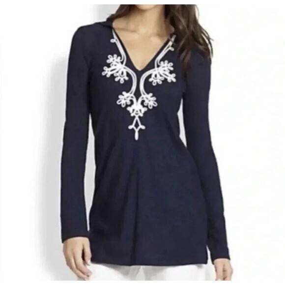 Lilly Pulitzer Tops - Lilly Pulitzer Women's Navy Blue White Noelle Coastal Hoodie Blouse Tunic Small